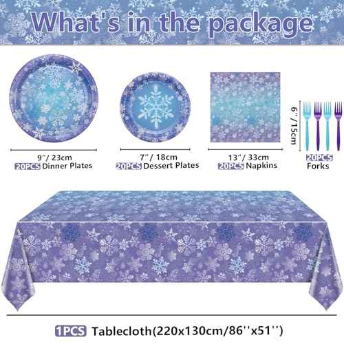 Winter Snowflake Party Supplies for 20 Guests, Disposable Tableware Set Includes Paper Plates, Napkins, Forks, Tablecloth for Girls Princess Party Christmas Winter Holiday Party Decorations