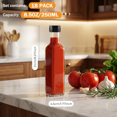 Clear 18-Pack Glass Hot Sauce Bottles 8.5oz Square Food Storage with Lids