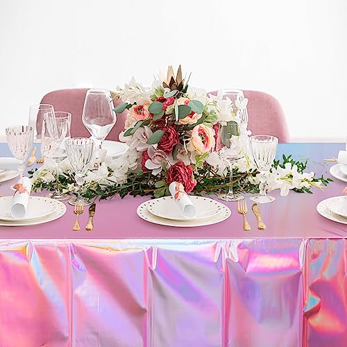 4 Pack Iridescent Pink Plastic Tablecloths, FunnyPars Shiny Disposable Laser Rectangle Table Covers, Holographic Foil Tablecloth Iridescent Party Decorations for Birthday Wedding Christmas, 54x108Inch