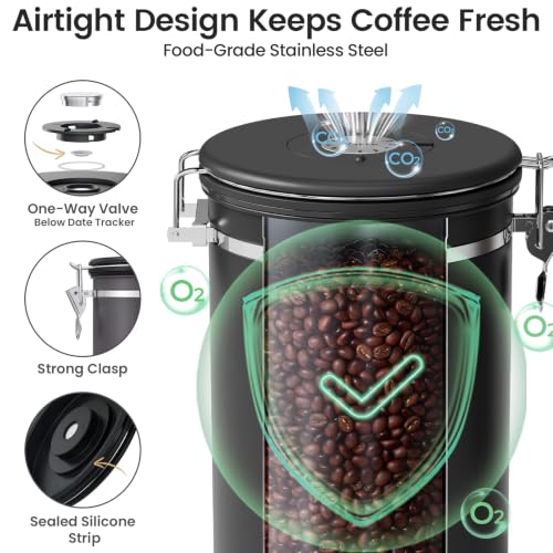 Veken Coffee Canister with Window - 39 oz Large Airtight Stainless Steel Jar - Black