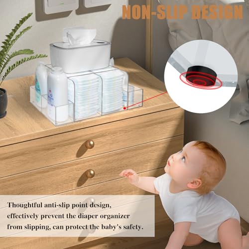 Acrylic Diaper Caddy Organizer with Detachable Compartments - Transparent 16.4x6x8.6 Baby Changing Storage Bin