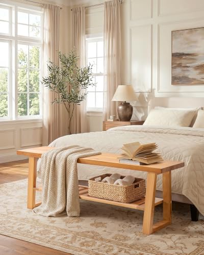 Amada Pine Wood Entryway Bench with Shoe Storage Shelf, Rustic Farmhouse Style
