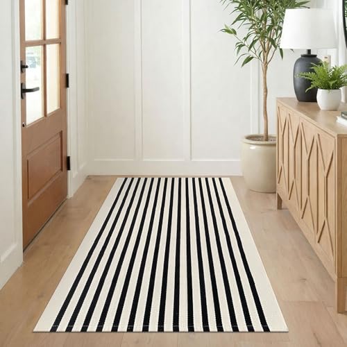 Beige Striped Indoor Washable Rug 3x5 ft Front Door Entryway Mat - Light Beige & Black Stripe