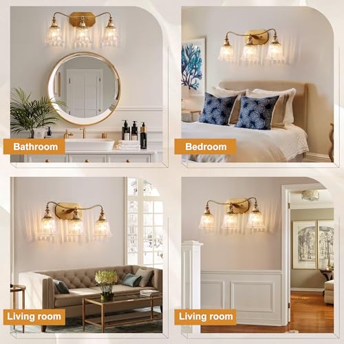 Brushed Gold 3-Light Bathroom Vanity Light Fixture with Crystal Glass Shades - Variation: Gold / 3 Lights