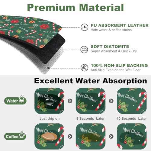 Findosom Christmas Dish Drying Mat, 12" x 20" Super Absorbent & Cuttable Dish Mat with Christmas Candy & Gift Pattern, Hide Stain Drying Mat for Kitchen Counter Coffee Maker Dining Room Decoration