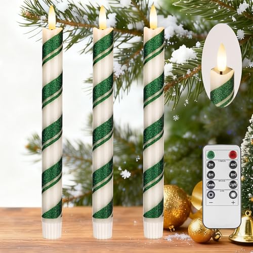 JOIONE Flameless Candles with Remote - 3 Pack Christmas Green Stripe Taper Candles