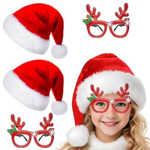 QLINLEAF 4Pack Red Santa Hat for Kids Plush Christmas Hats and Christmas Glasses Eyeglasses for Xmas Holiday Party for Children