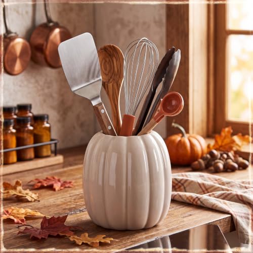 Minimalist White Ceramic Pumpkin Vase - 6.7 Inch Fall Decor, Utensil Holder