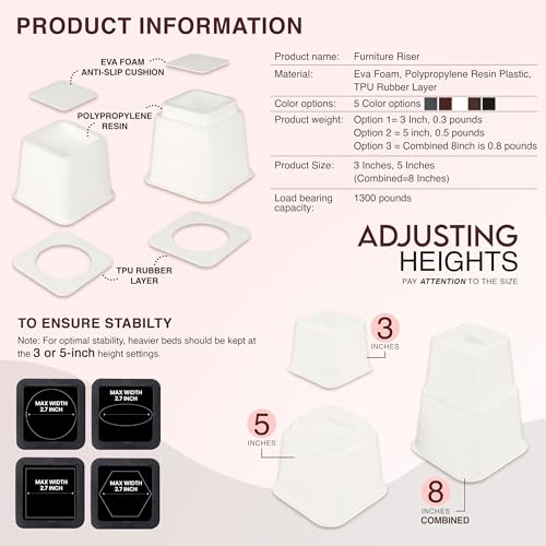 Utopia Bedding White Adjustable Bed Risers 3 & 5 Inch - 4 Pack