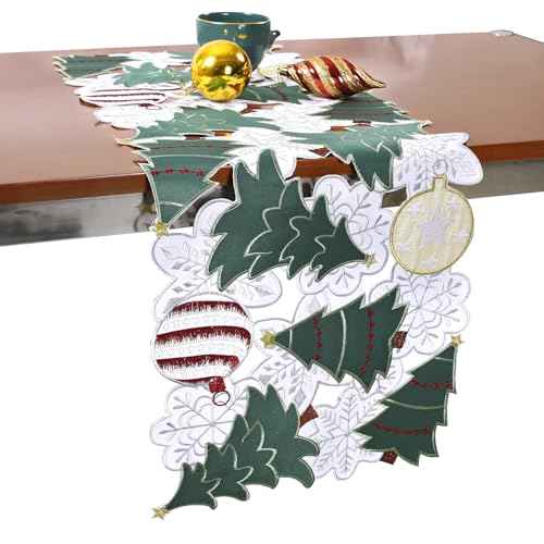 Christmas Tree Table Runner Christmas Ball 72 inches Long Green White Snowflake Embroidered Xmas Decoration Festive Holiday Cutwork Dining Table 70IN