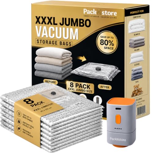 PackNstore XXXL Vacuum Storage Bags 8 Pack with Electric Pump - Space Saver for Clothes & Bedding