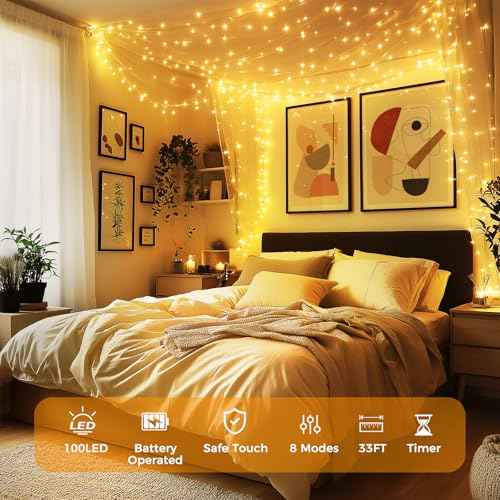 WdtPro Fairy Lights Battery Operated with Remote, 33Ft 100 LED Battery Powered String Lights with Timer, Outdoor Waterproof 8 Modes Twinkle Lighting for Bedroom Indoor Christmas Decor Warm White, 2P