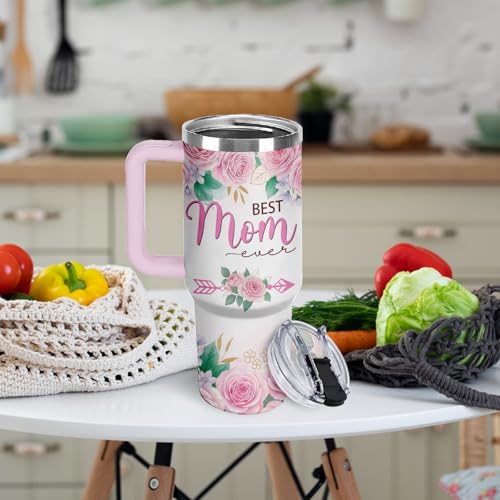 HYMONA Best Mom Tumbler 40oz with Handle #1 Mom Gift, Insulated Travel Mug