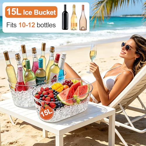 KITHELP 15L Large Ice Bucket for Parties, Beverage Chiller with Scoops, Transparent Acrylic Drink Tub for Champagne Beer Wine