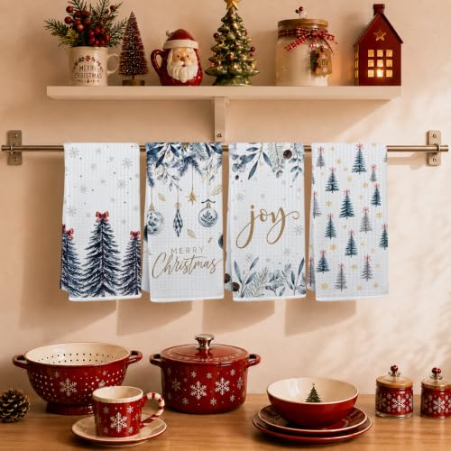 JIUWEIHU 4 Pcs Blue Christmas Kitchen Towels Winter Xmas Tree Dish Cloths Multi 0346