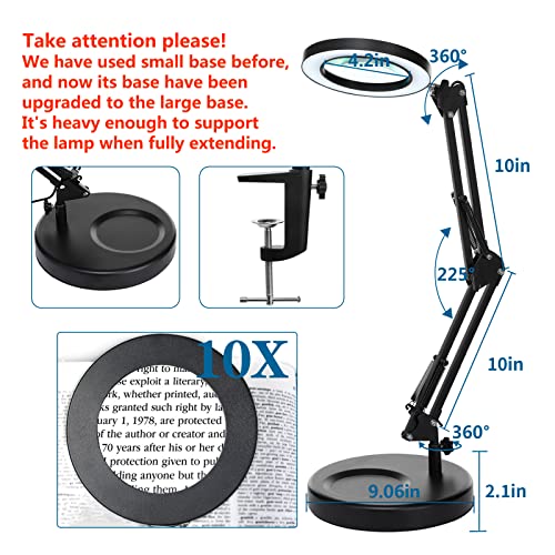 HITTI 10X Magnifying Glass with Light & Clamp, 1800 Lumens Dimmable, Black, 9.06 Inch Base & Swing Arm