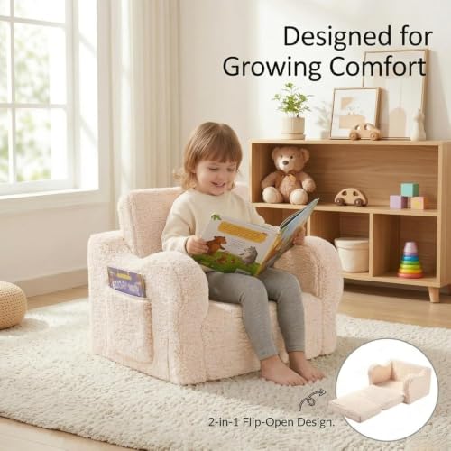Kids Sofa Chair 2-in-1 Foldable Couch with Sherpa Cover - Cream, Medium - MOMCAYWEX