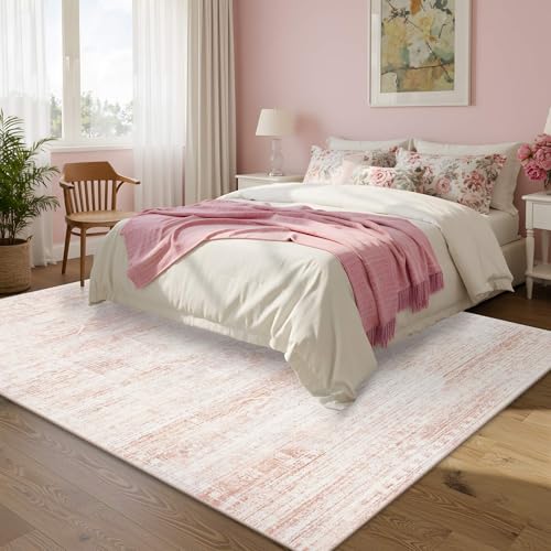Light Pink 5x7 Washable Area Rug for Girls Bedroom & Living Room - Non-Slip Boho Style