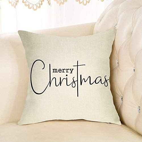 Merry Christmas Throw Pillow Cover, 18" x 18" Inch Decorative Xmas Sign Rustic Cushion Case, Farmhouse Home Winter Decoration Holiday Square Pillowcase Decor for Sofa Couch Cotton Linen