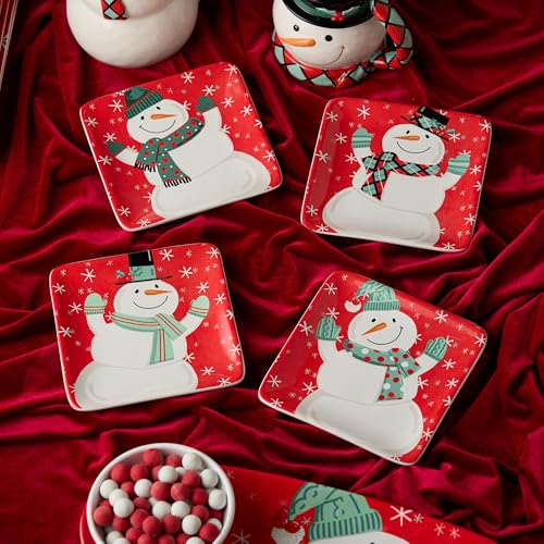 Christmas Whimsy Snowman Set of 4 Canape Plates – 6-Inch Square