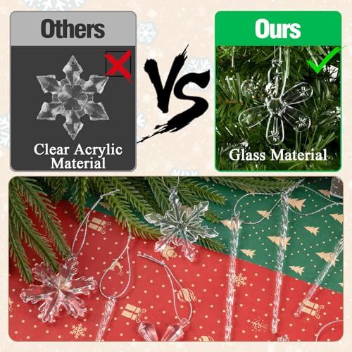 GuassLee 36Pcs Glass Snowflake & Icicle Ornaments Set - Clear Christmas Tree Decorations