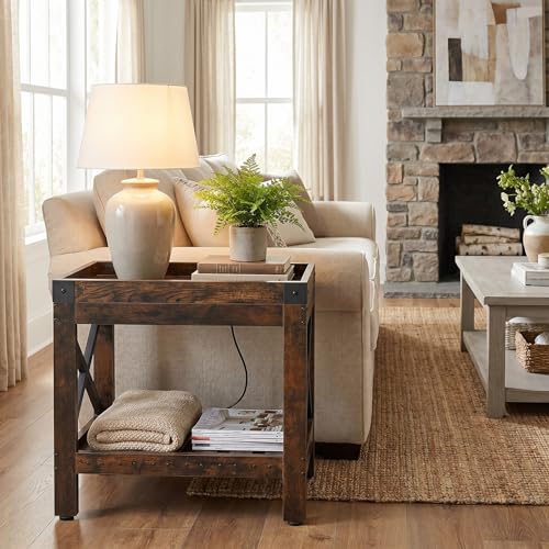 Rustic Brown Narrow End Table with Outlets & USB Charging - Industrial Style, 21.7"