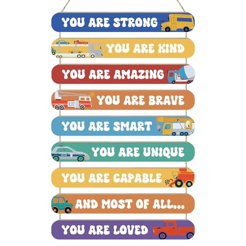 MONALET Inspirational Construction Cars Wall Art Decor for Boys Room Nursery Baby Kids Playroom Bedroom Door, Motivational Hanging Wood Signs Decorations, Positive Affirmations Wooden Plaque, 12x19
