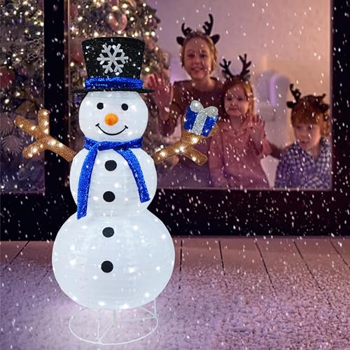 Meetjoyancy Blue White Lighted Snowman Outdoor Christmas Decor Collapsible Yard Inflatable with Gift Box