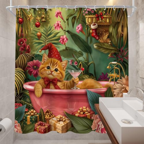 Cinbloo Christmas Cat Shower Curtain Set 72x72 inches Red & Green, Holiday Bathroom Decor
