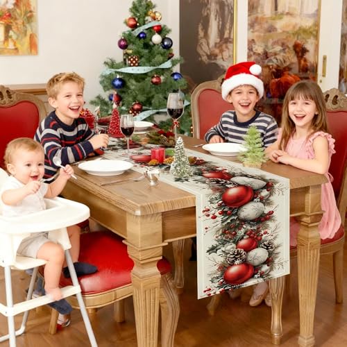 Everglit Christmas Table Runner 13x72 Linen with Balls, Holly Leaves, Berries, Pine Cones & Branches