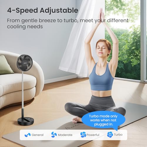 Black Portable Standing Fan with Remote, 8000mAh Battery, Oscillating & Foldable