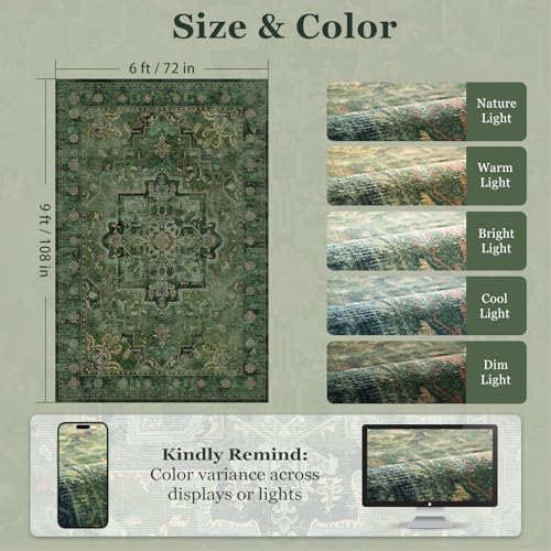 Jainmy 6x9 Dark Green Traditional Area Rug with Medallion Pattern, Low Pile, Non-Slip, Washable for Living Room & Bedroom