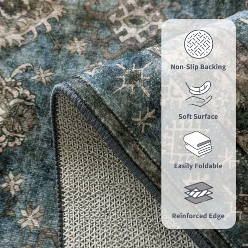 Blue Vintage Living Room Rug 9x12 Carpet with Non-Slip Backing - Washable & High Traffic
