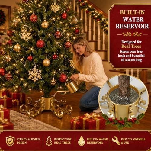 Heavy-Duty Christmas Tree Stand for Real & Artificial Trees Up to 10 Ft - Gold Metal Support