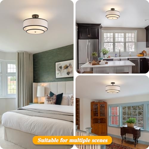Black Semi Flush Mount Ceiling Light with Double Drum Fabric Shade - Modern Farmhouse Chandelier for Bedroom, Kitchen, Hallway