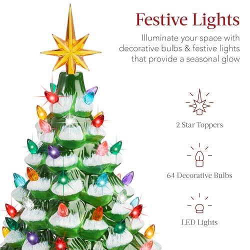 Best Choice 15in Ceramic Christmas Tree – Frosted w/ Multicolor Lights & Star Toppers, Pre-lit