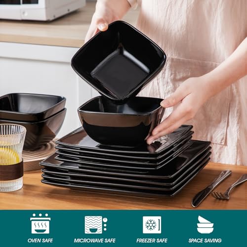 Vancasso Soho 12-Piece Black Square Dinnerware Set for 4 - Modern Stoneware Plates & Bowls