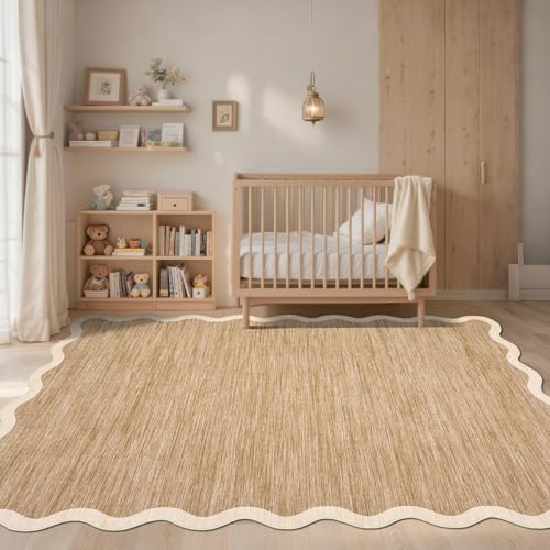 Light Brown 8x10 Scalloped Washable Rug Non Slip for Living Room