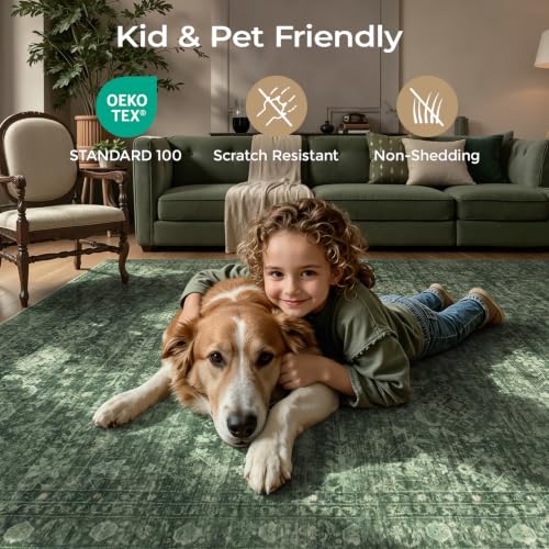 Carpelux Green 9x12 Area Rug - Washable Non-Slip Vintage Floral Pattern
