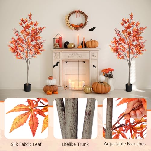 Daifunli 2 Pack 5ft Artificial Maple Trees for Fall Decor with Autumn Leaves