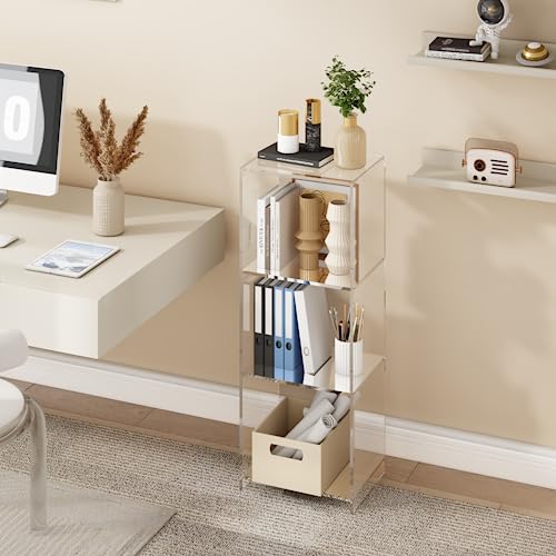 Invisibiliter Clear Acrylic 3-Tier Bookcase - 31.5 Inch Tall Floor Standing Shelf, Modern Display Storage for Home & Office