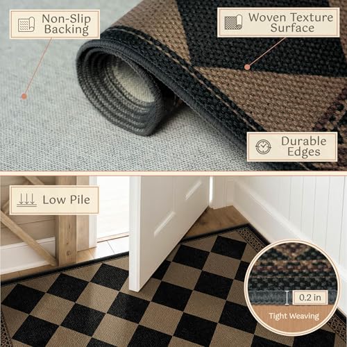 3' x 5' Indoor Outdoor Checkered Jute Style Rug - Black & Brown Non Slip Mat
