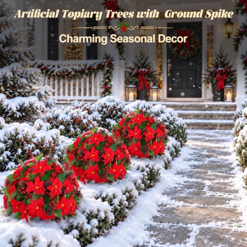 Yangrass 2PCS Poinsettia Topiary Trees with Spike - Christmas Decor