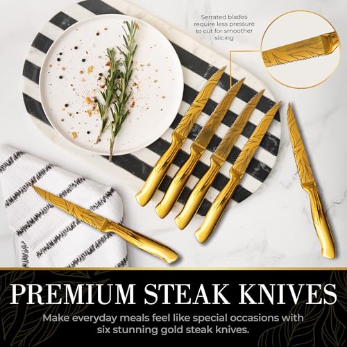 Styled Settings Gold Knives with Etched Leaves Pattern and Sharpener