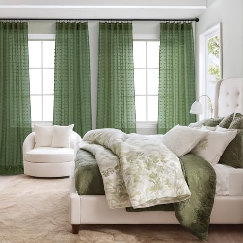 DANCURTON Olive Green Sheer Curtains 52x84 Inches Set of 2 Boho Pom Pom Window Treatments