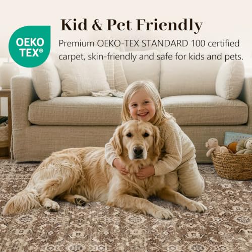 6' x 9' Rectangular Area Rug - Vintage Floral Design, Non-Slip, Machine Washable, Brown