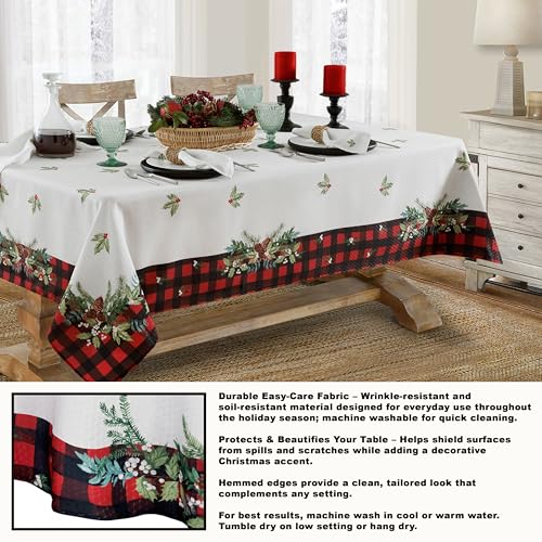 Lintex Aspen Christmas Tablecloth 60 x 102 inch Rectangle – Red & Black Buffalo Plaid with Garland Border