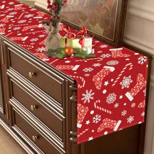 Christmas Table Runner£¬Red Table Runners with Snowflake Candy Prints Xmas Table Cloth Decorations and Supplies for Home Kitchen Dining Room Holiday Party Decor (Red-1, 13x72 Inches)