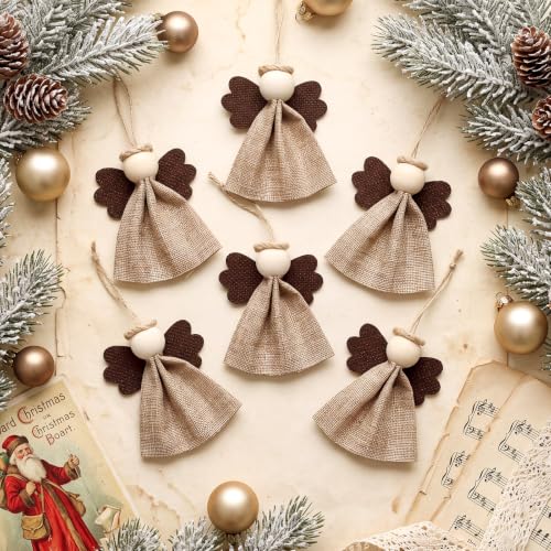 Christmas Angel Ornaments 6-Pack Rustic Burlap Hanging Decor - Briwooody Christmas (Variation: Christmas)