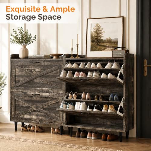 VINGLI Farmhouse Dark Rustic Oak Shoe Storage Cabinet with 2 Flip Drawers, Slim Entryway Organizer